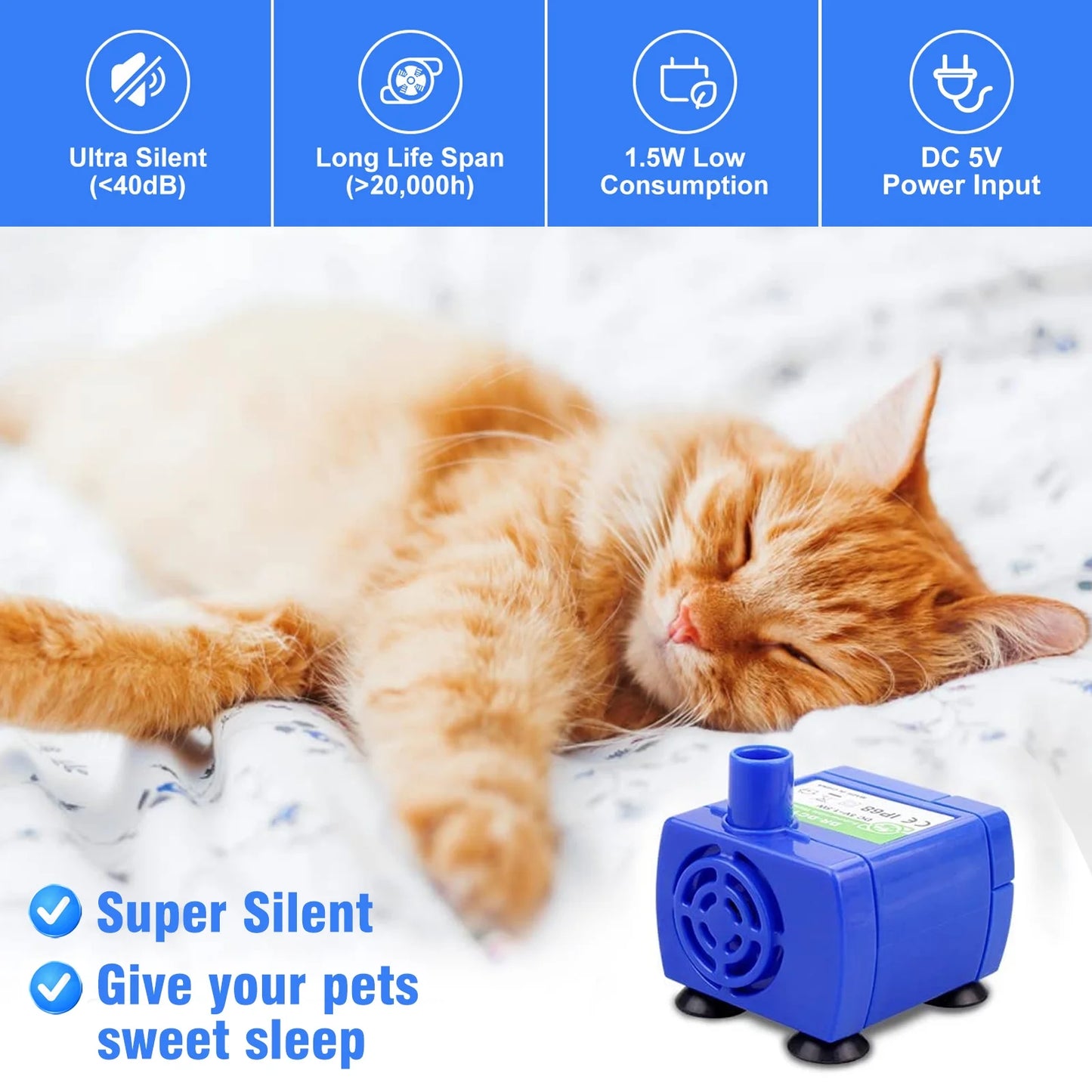 Cat Water Fountain Pump, Pet Water Fountain Pump Compatible Motor for Pet Drinking Fountain Cat Water Dispenser Replacement